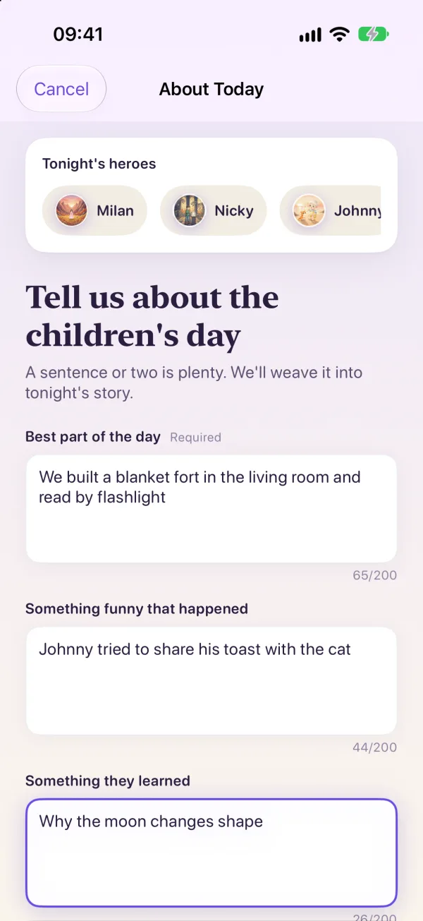 The About today screen with answers for the best part of the day, something funny and something learned