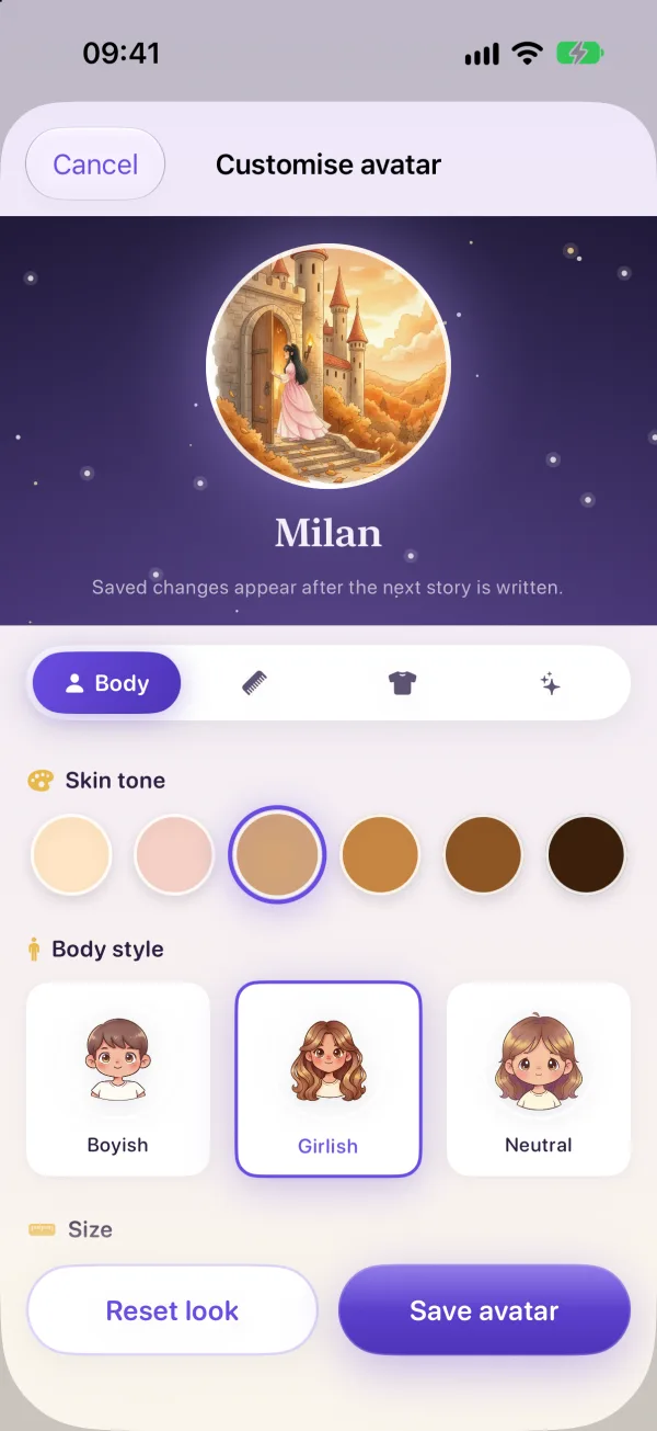 The Customise avatar screen with skin tone swatches and body style options