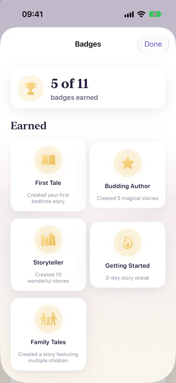 The Badges screen: 5 of 11 badges earned, including First Tale and Storyteller