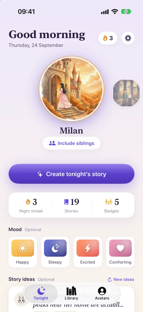 The Storynite home screen: Milan's portrait, an Include siblings button and Create tonight's story