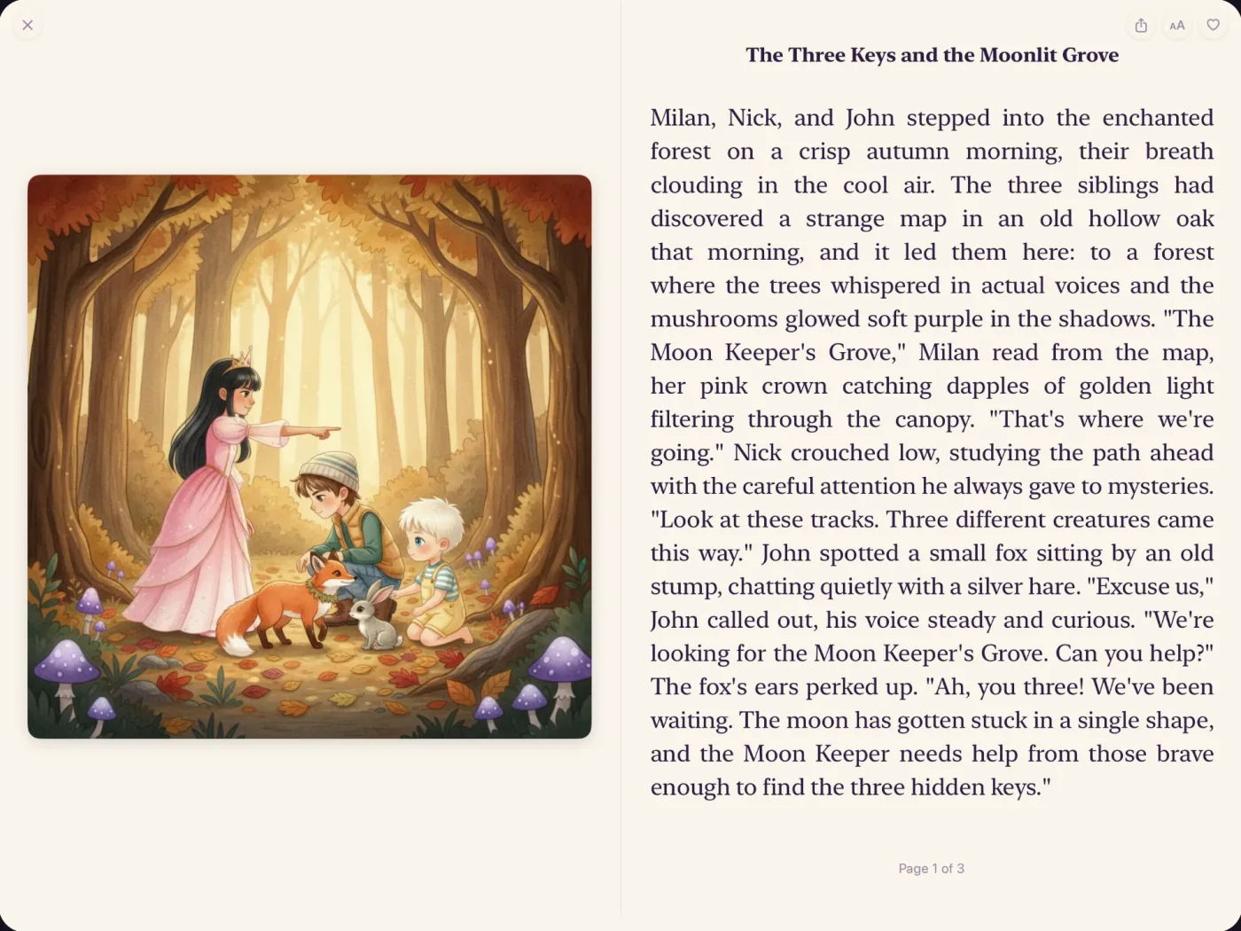Storynite on iPad in landscape: an illustration of three siblings in an autumn forest beside the opening page of their story