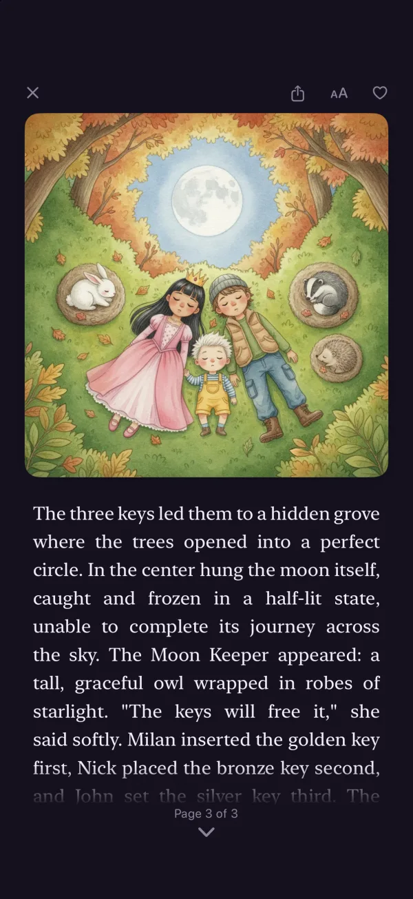 The story reader in dark mode, showing siblings lying in a moonlit grove above the story text