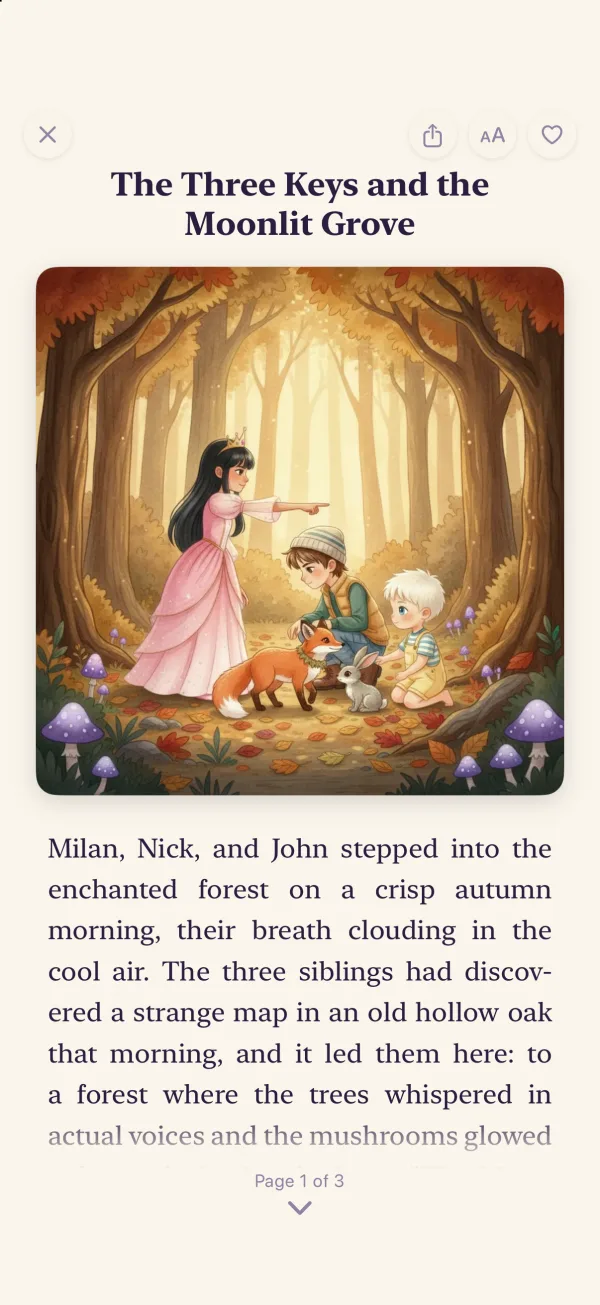 The story reader showing The Three Keys and the Moonlit Grove, with an illustration of three siblings in an autumn forest