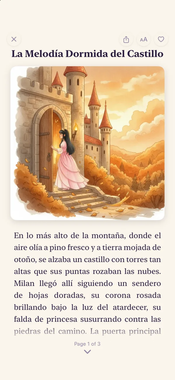 A story in Spanish, La Melodía Dormida del Castillo, with an illustration of a girl opening a castle door