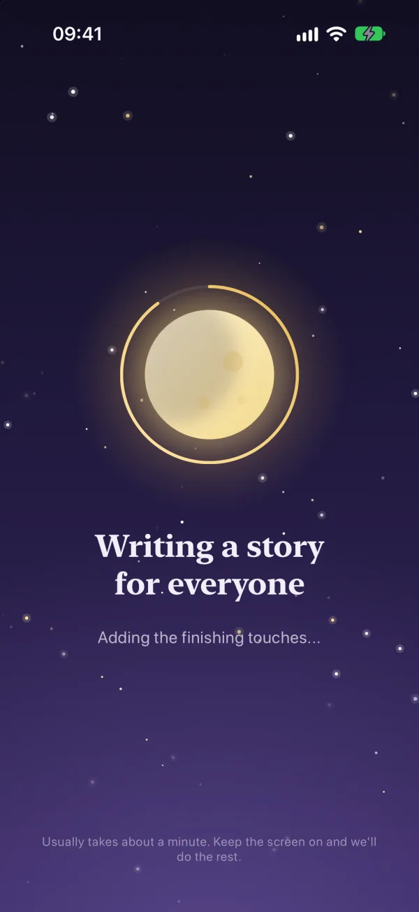 A glowing moon on a night sky while Storynite writes the story