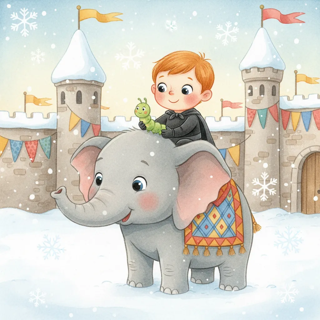 A boy riding an elephant at a festive winter castle