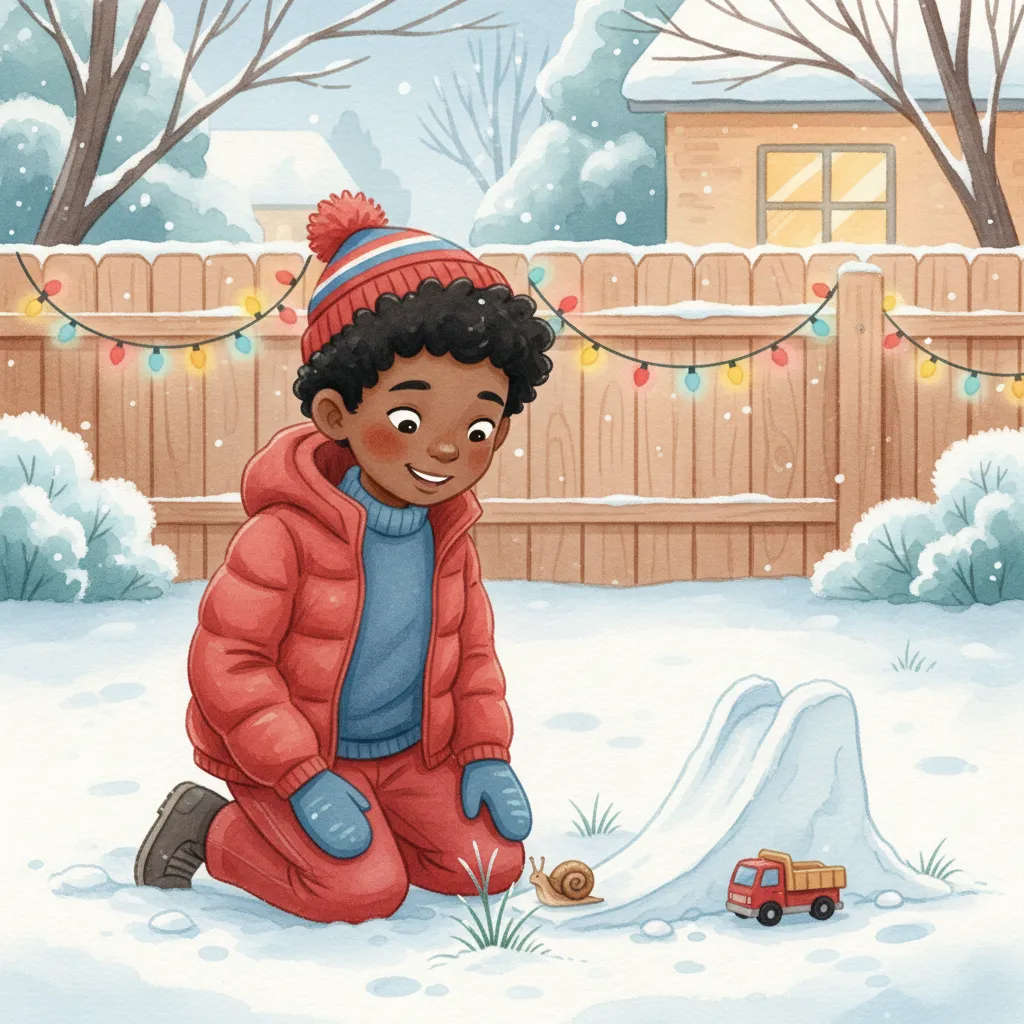 A boy playing in the snow with toy trucks