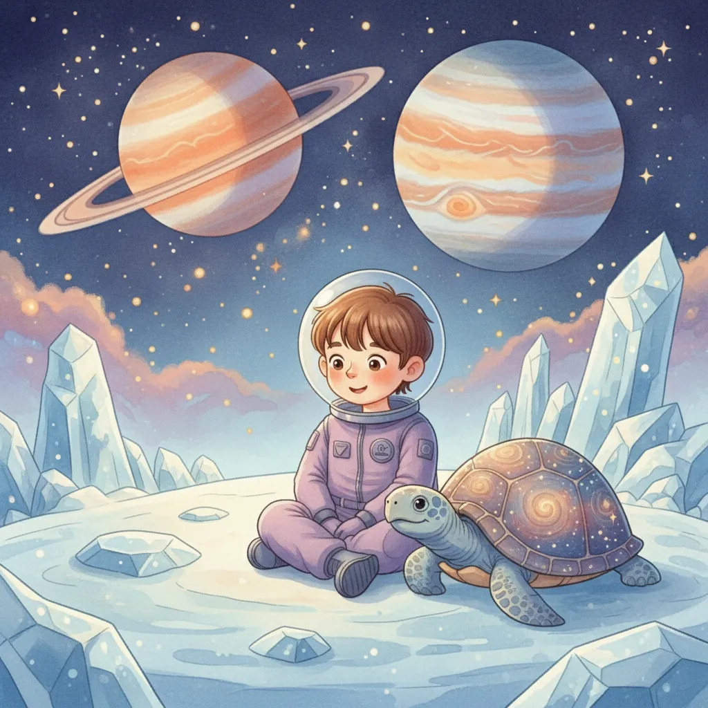 A boy with a turtle in a space scene
