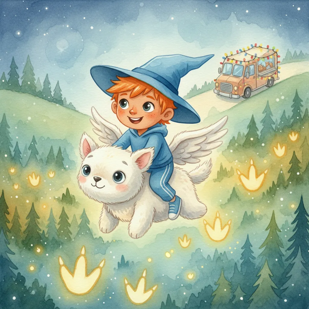 A wizard boy flying on a winged cat over glowing fields