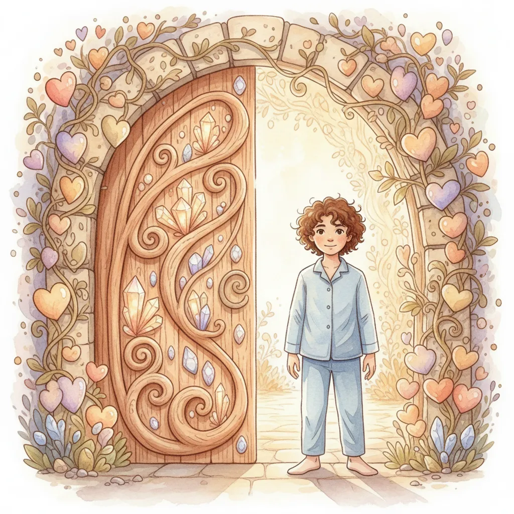 A boy with curly hair standing in an enchanted doorway