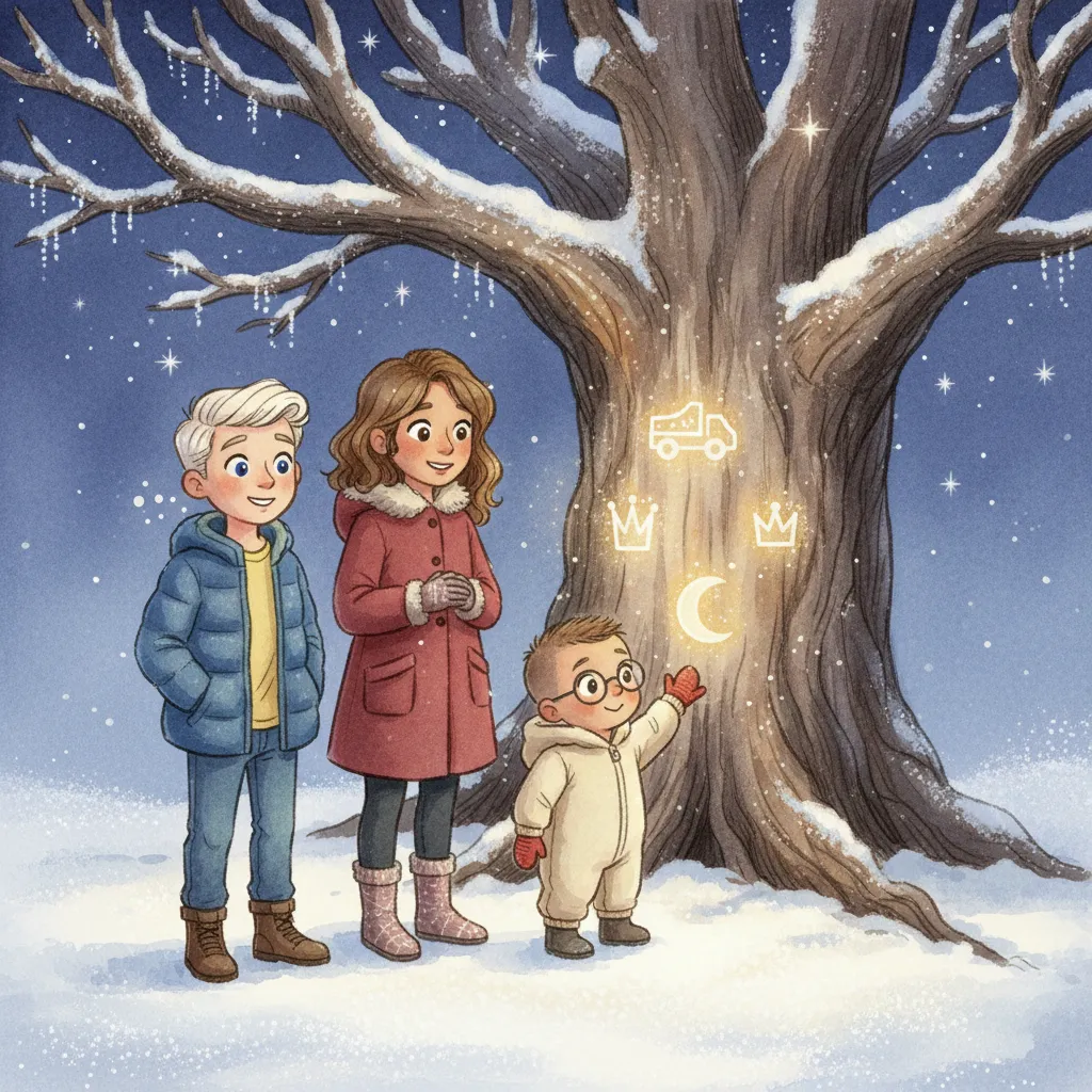 A family standing under a magical glowing tree