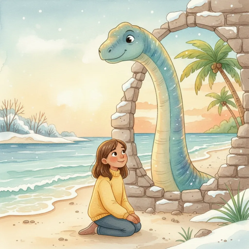 A girl meeting a friendly dinosaur on a sunny beach