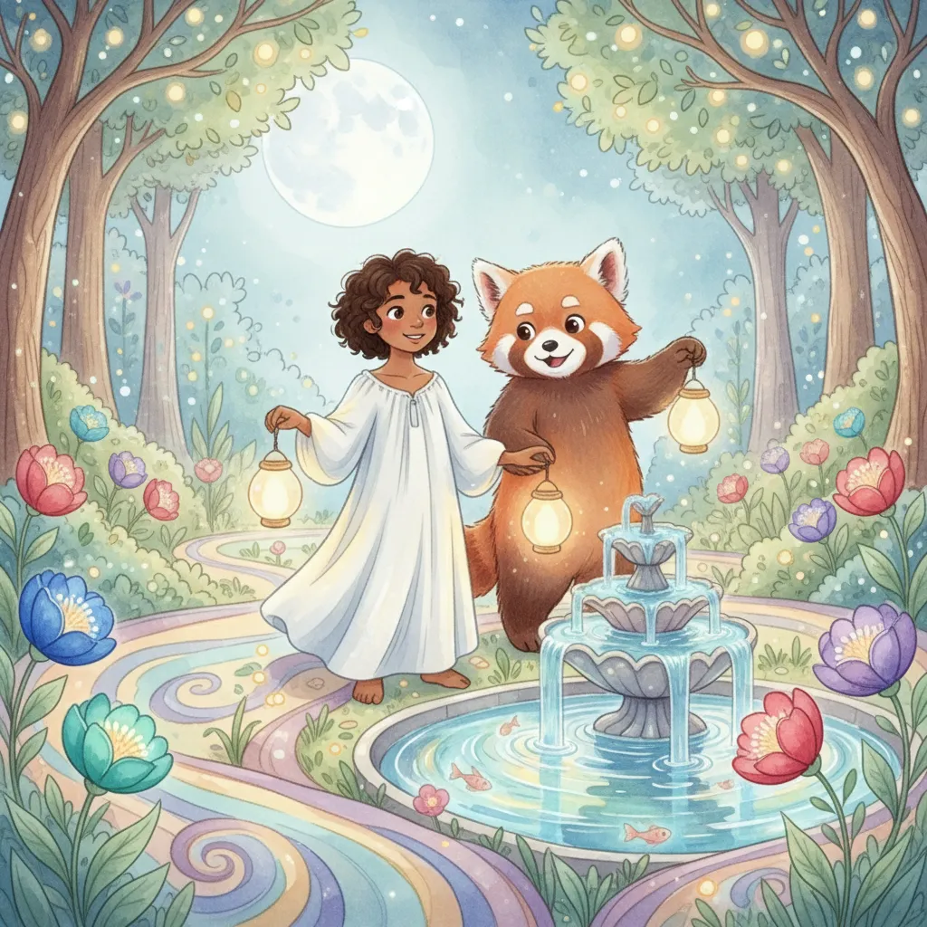 A girl and a friendly animal in a forest with flowers and a fountain