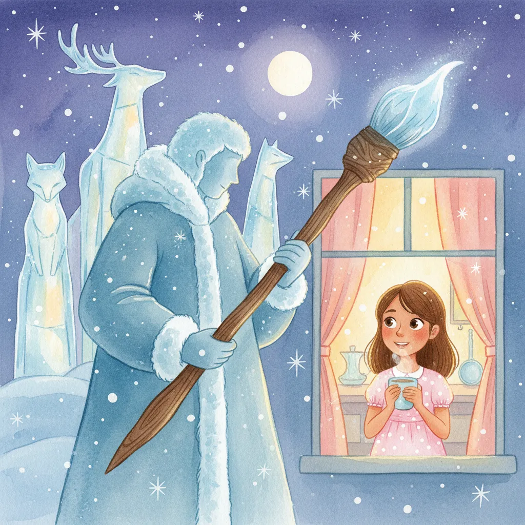 A magical frost giant painting at a window while a girl watches
