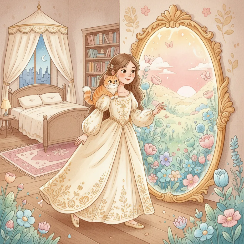 A girl looking into a magical mirror that shows a garden