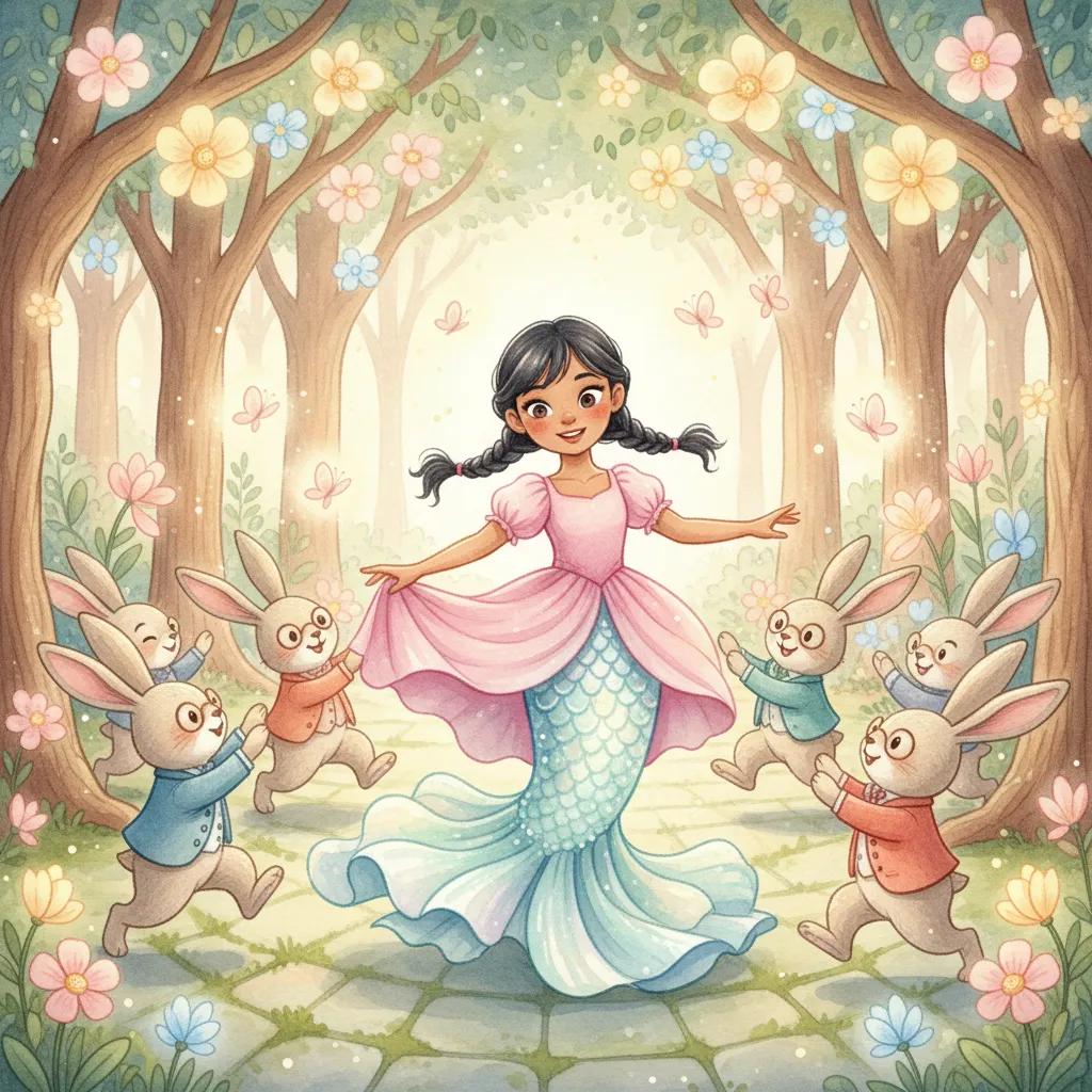 A girl with pigtails dancing in a magical forest