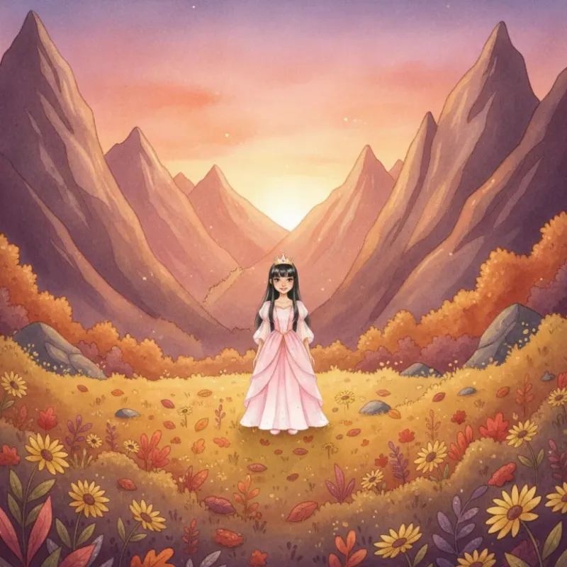 A small princess standing in a valley of autumn flowers below tall mountains at sunset