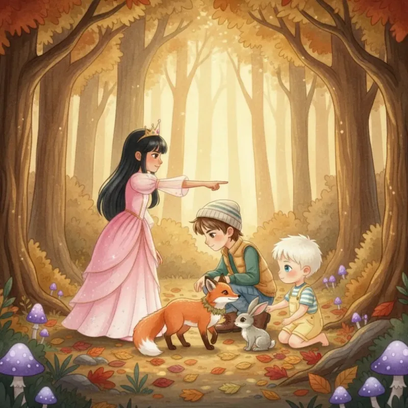 Three siblings meeting a fox and a hare in an autumn forest