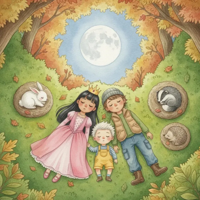 Three siblings lying in a ring of autumn leaves under a full moon, with a rabbit, badger and hedgehog curled up nearby