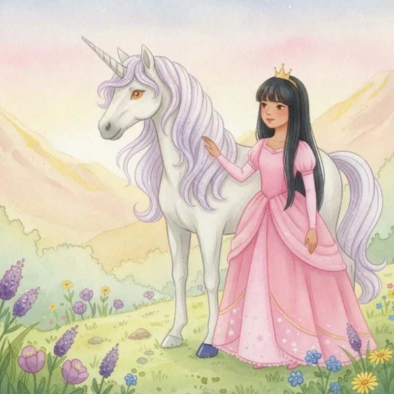 A girl in a pink dress beside a white unicorn in a flower meadow