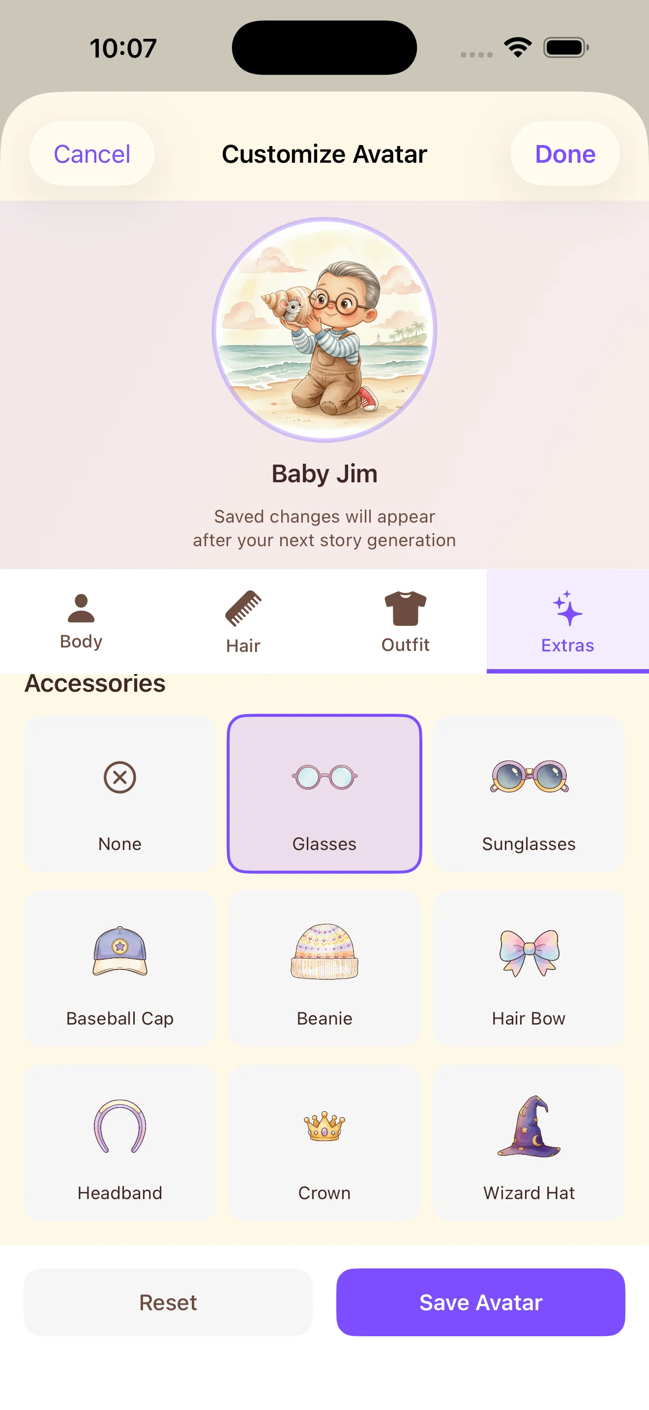 Avatar customization - choosing accessories like glasses and hats