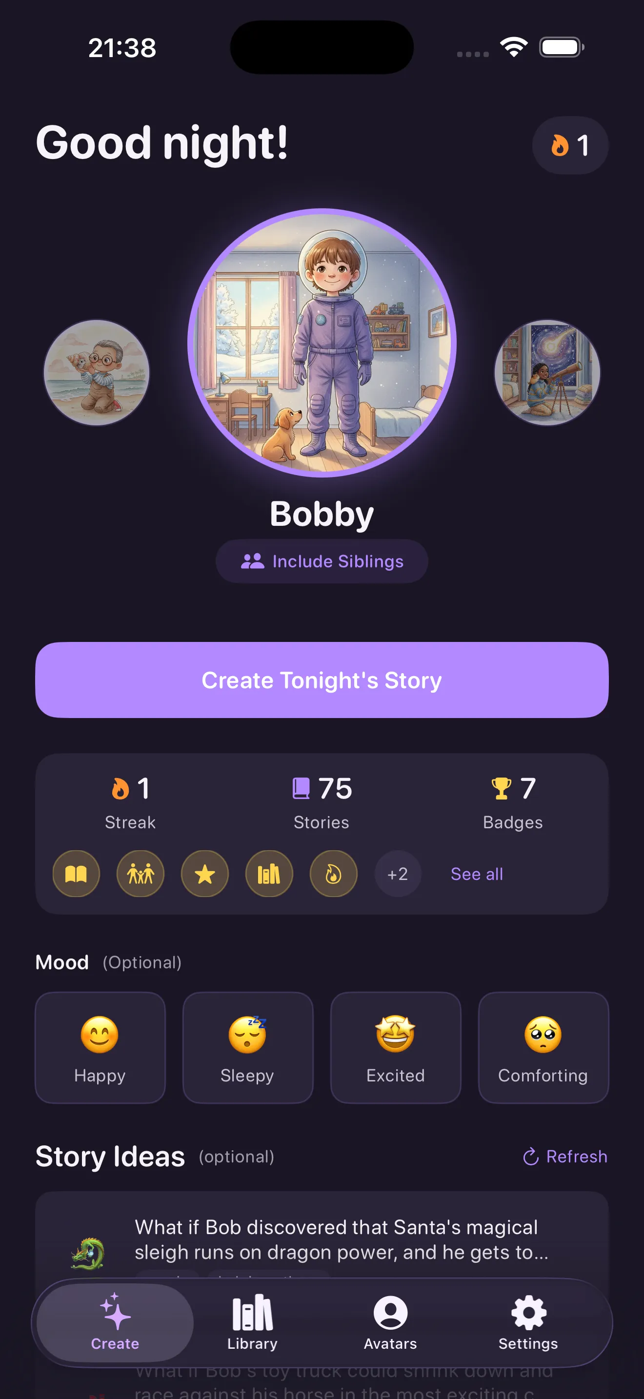 Storynite in dark mode