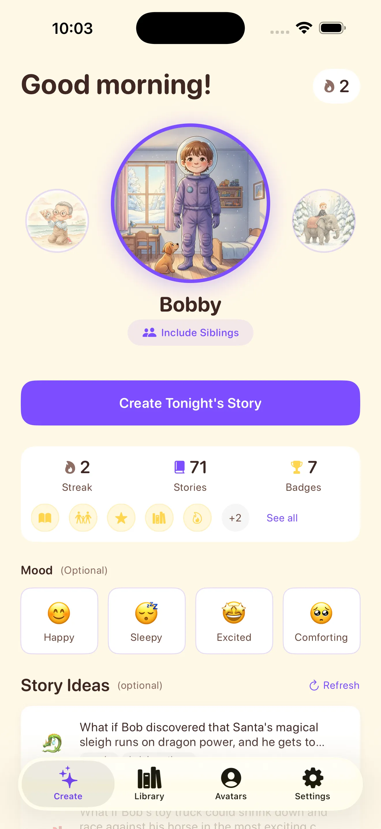 Storynite app home screen showing personalized story creation
