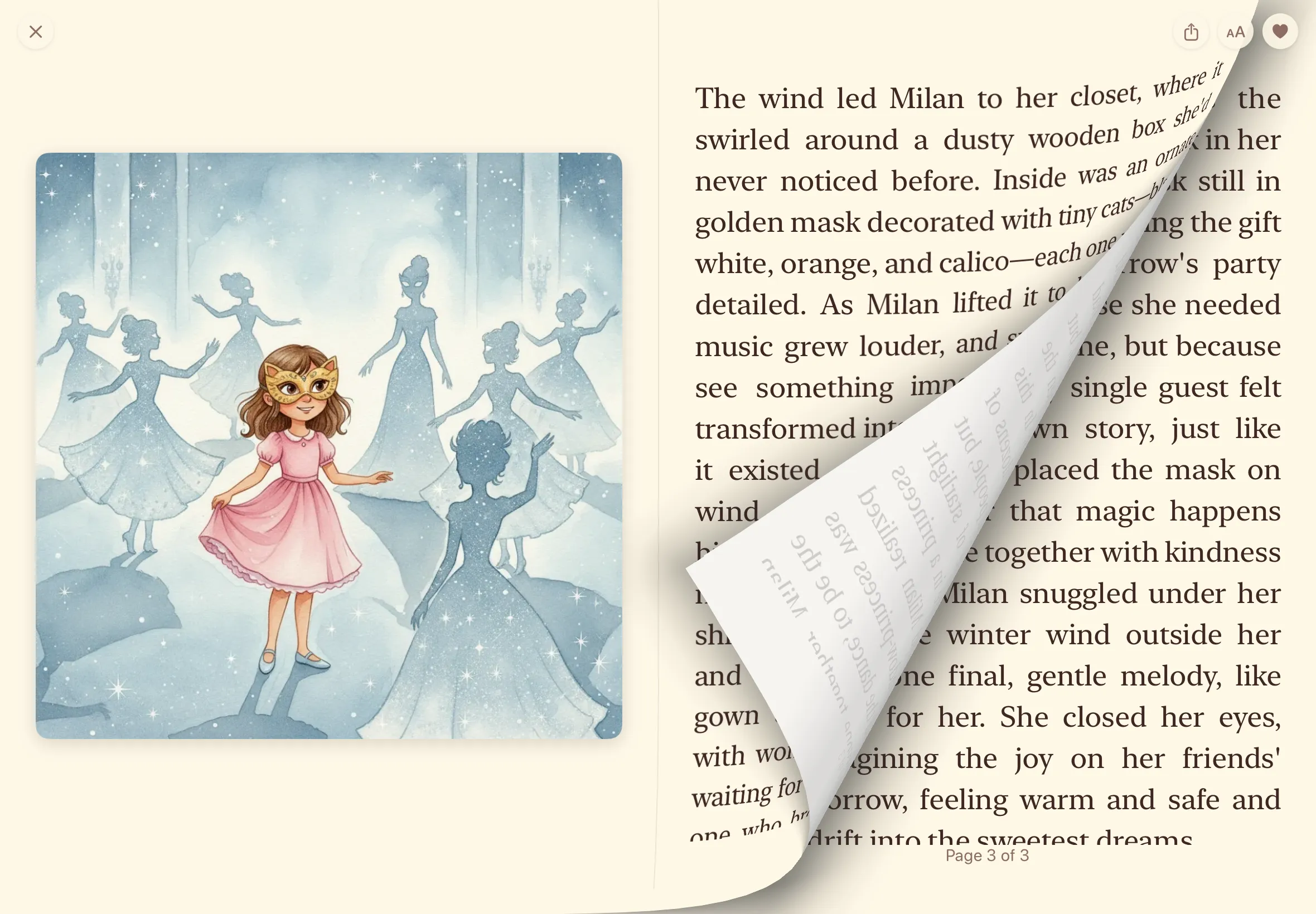 Storynite story reader on iPad in landscape mode, showing a full-screen illustrated story