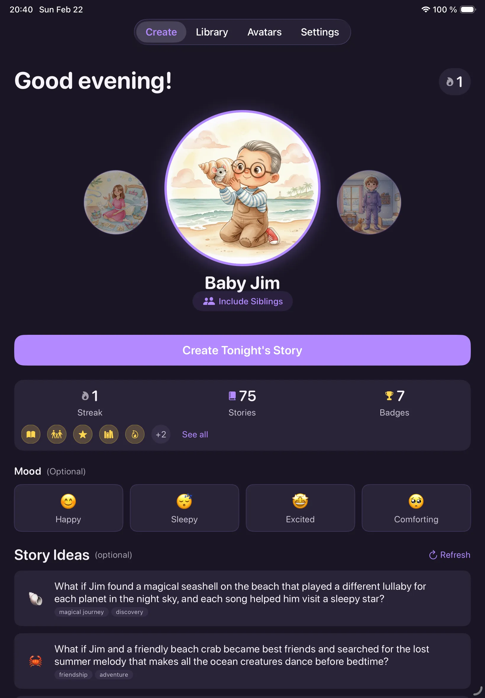 Storynite home screen on iPad in portrait mode