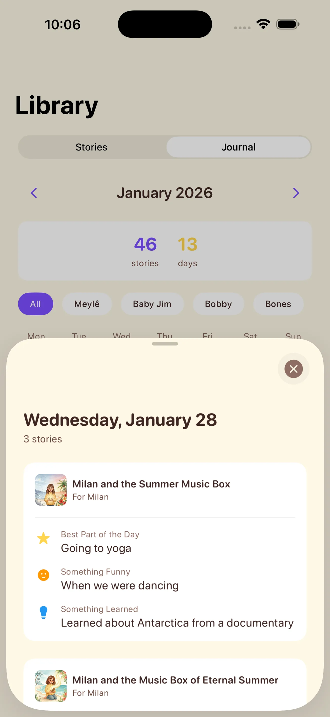 Journal calendar showing daily memories and gratitude entries